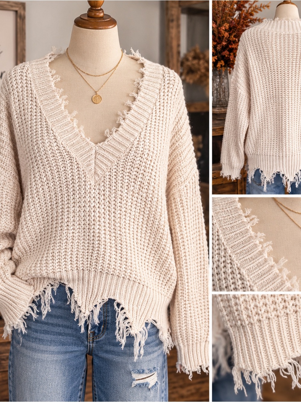 Altar’d State Women’s M Cream Distressed Chunky Knit V-Neck Sweater Raw Hem